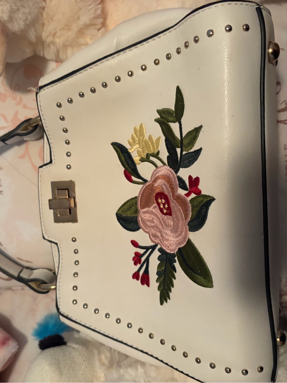 White Floral Embroidered Top-Handle Bag